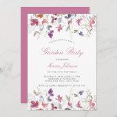 夏の紫色のスイートピーガーデンパーティー誕生日 招待状 (正面/裏面)
