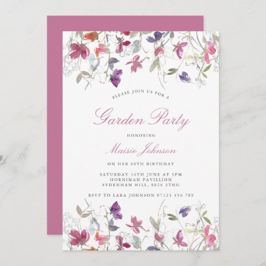 夏の紫色のスイートピーガーデンパーティー誕生日 招待状 (正面/裏面)