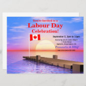 夏の終わりのレイバー・デイ・パーティーの招待状 カナダの国旗が掲げられたドックと夕焼け 招待状 (正面/裏面)