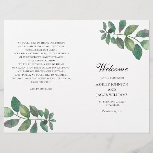 夏の結婚式のプログラムが折り畳まれた。緑葉 (正面)