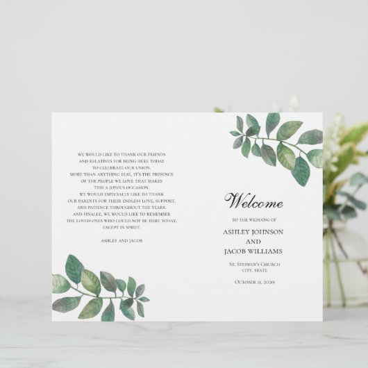 夏の結婚式のプログラムが折り畳まれた。緑葉 (スタンド正面)