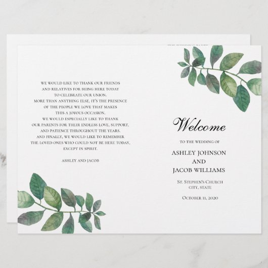 夏の結婚式のプログラムが折り畳まれた。緑葉 (正面/裏面)