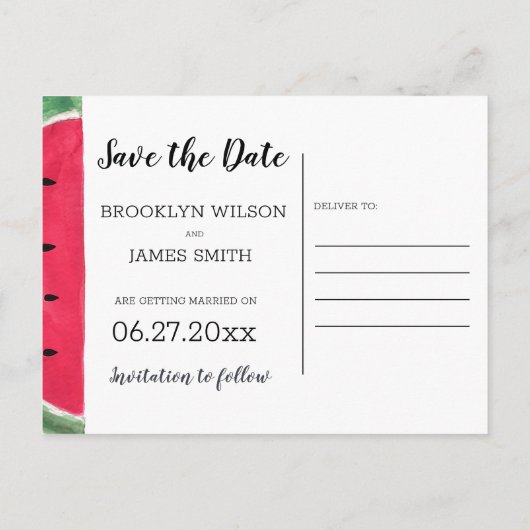 夏の結婚式の日付を保存はがきスイカ 案内ポストカード (裏面)