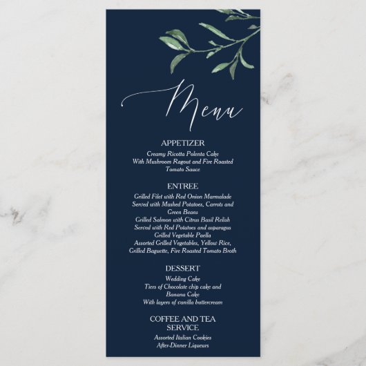 夏の結婚式の濃紺の群葉メニューカード メニュー (正面)