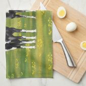 夏の絵を描牧草地の黒いピント四分の馬 キッチンタオル (四つ折り)