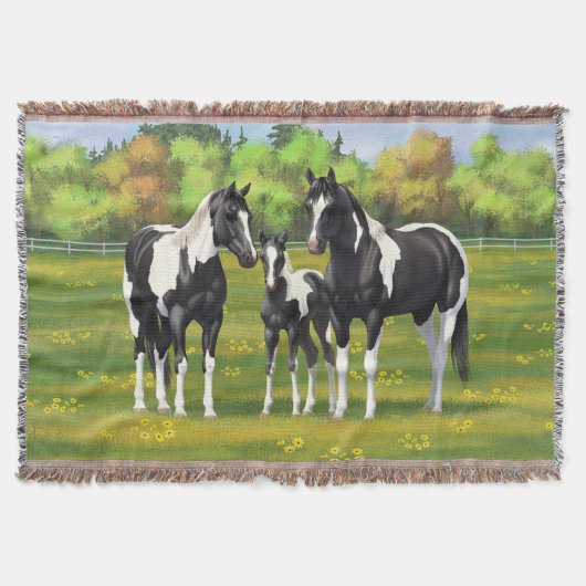 夏の絵を描牧草地の黒いピント四分の馬 スローブランケット (正面)