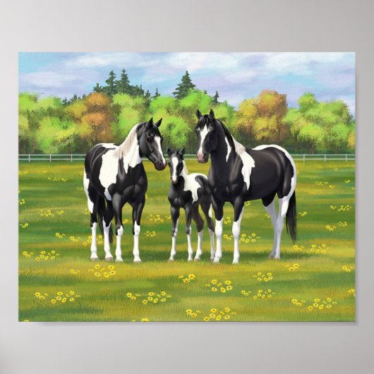 夏の絵を描牧草地の黒いピント四分の馬 ポスター (正面)