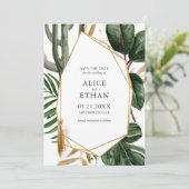 夏の緑とゴールドの幾何学模様のSave The Date セーブザデート (スタンド正面)