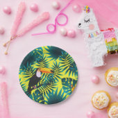 夏の緑のトロピカルトゥーカンジャングルの葉 ペーパープレート (パーティー)