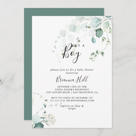 夏の緑のユーカリそれは男の子の赤ちゃんシャワーだ 招待状 (正面/裏面)