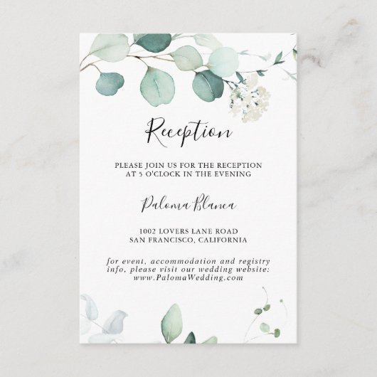 夏の緑のユーカリの葉のウェディングレセプション エンクロージャーカード (正面)