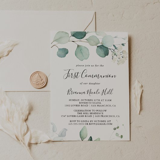 夏の緑のユーカリの葉の最初の聖餐式 招待状