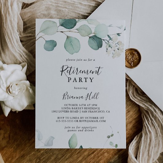 夏の緑のユーカリの葉の退職パーティー 招待状