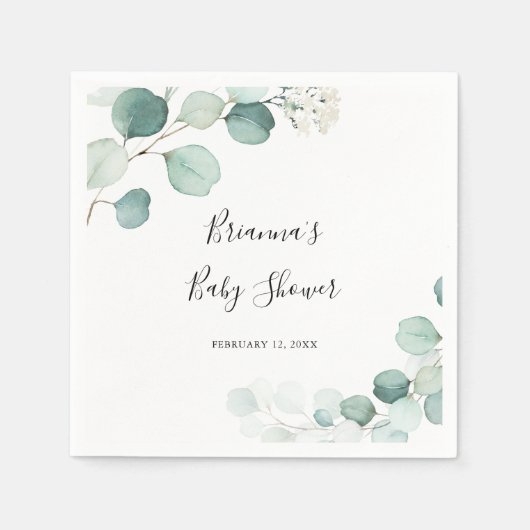 夏の緑のユーカリ葉の赤ちゃんシャワー スタンダードカクテルナプキン (正面)