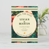 夏の緑の熱帯花の日付を保存 招待状 (スタンド正面)