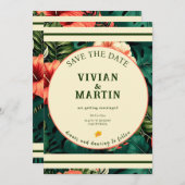 夏の緑の熱帯花の日付を保存 招待状 (正面/裏面)