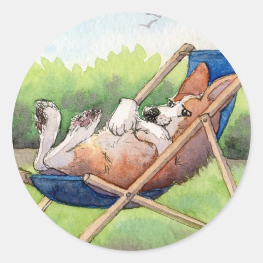 夏の練習 – Corgi in a Deckchair ラウンドシール (正面)