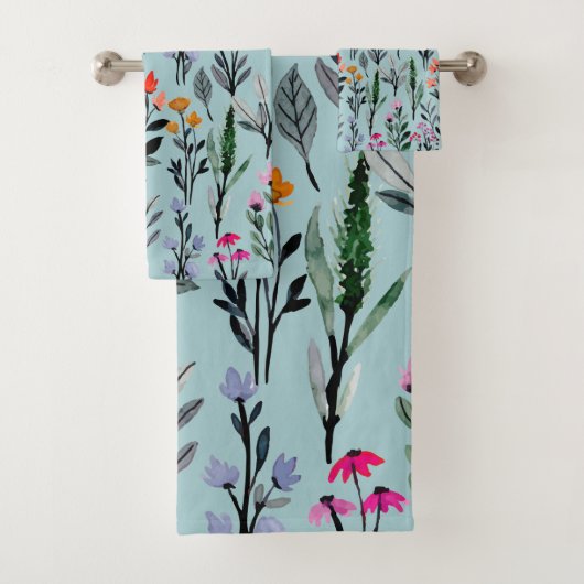 夏の自然庭の花の青いパターン バスタオルセット (インサイチュ)