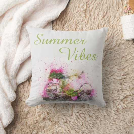 夏の自転車の水彩おもしろいカラフルピンク クッション (ブランケット)