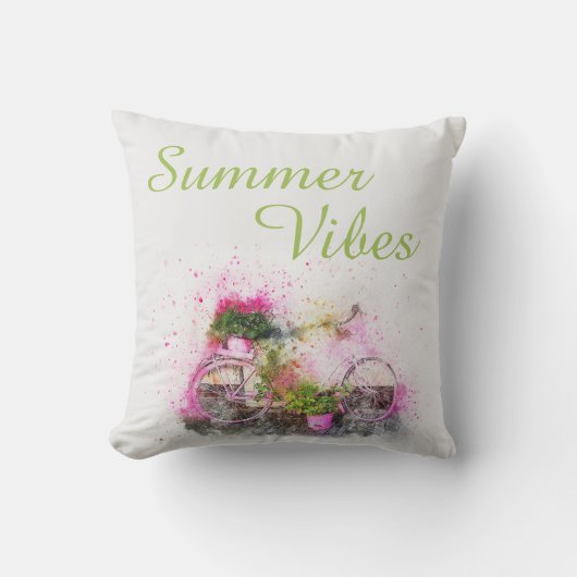 夏の自転車の水彩おもしろいカラフルピンク クッション (正面)