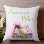 夏の自転車の水彩おもしろいカラフルピンク クッション