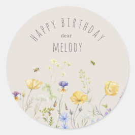 夏の至福、ワイルドフラワー、水彩誕生日 ラウンドシール