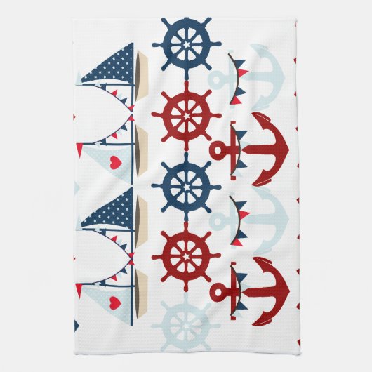 夏の航海のなテーマは帆ボートの舵輪を固定します キッチンタオル (縦)