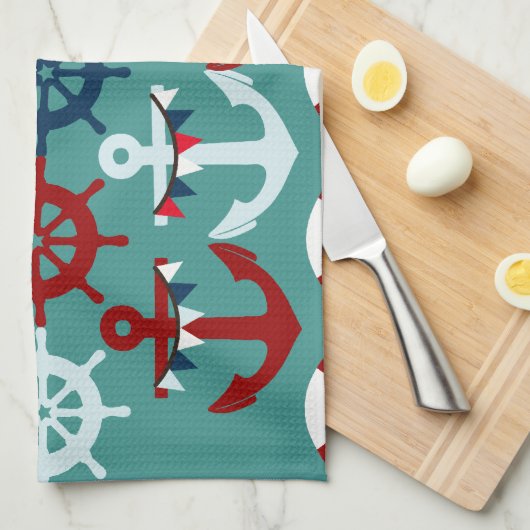 夏の航海のなテーマは帆ボートの舵輪を固定します キッチンタオル (四つ折り)