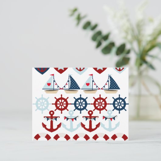 夏の航海のなテーマは帆ボートの舵輪を固定します ポストカード (スタンド正面)
