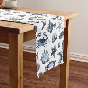 夏の航海のな貝殻のヒトデのカニのタツノオトシゴ ショートテーブルランナー