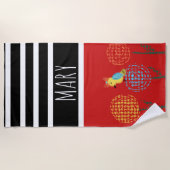 夏の色のブロックストライプの黄色の鳥 ビーチタオル (正面)