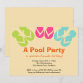 夏の色フリップフロップサンダルプールビーチパーティー 招待状 (正面/裏面)