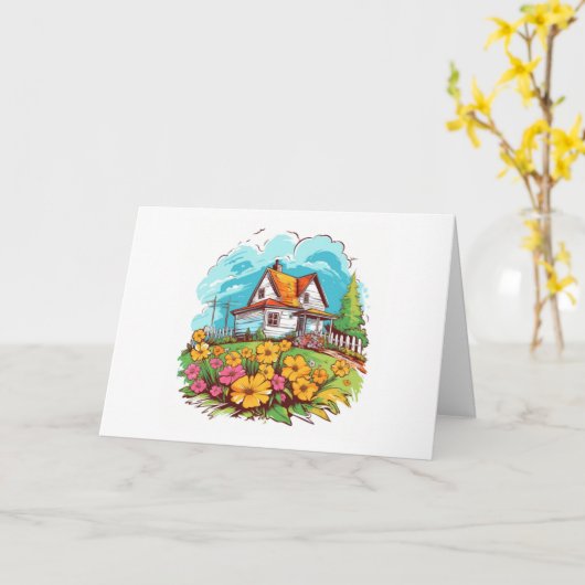 夏の花が咲く牧場の家　メモ帳 カード (黄色い花)