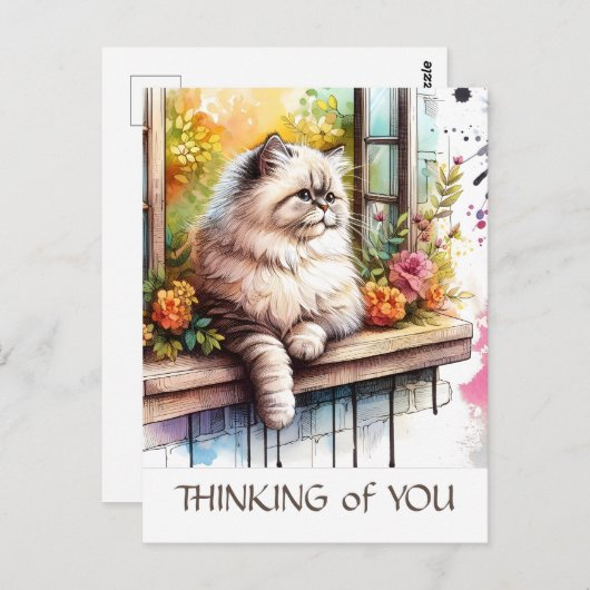 夏の花が咲く窓のペルシャのベージュ猫 ポストカード (正面/裏面)