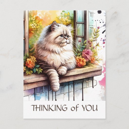 夏の花が咲く窓のペルシャのベージュ猫 ポストカード (正面)