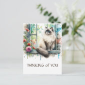 夏の花が咲く窓のラグドール・ベージュ猫 ポストカード (スタンド正面)