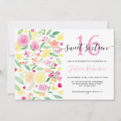 夏の花の水彩ピンクのスイート16写真 招待状 (正面)