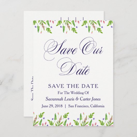 夏の花の結婚式の日付はがきを保存 案内ポストカード (正面/裏面)