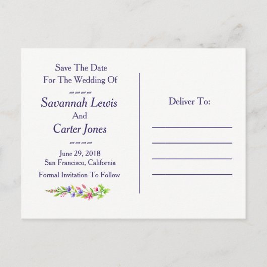 夏の花の結婚式の日付はがきを保存 案内ポストカード (裏面)