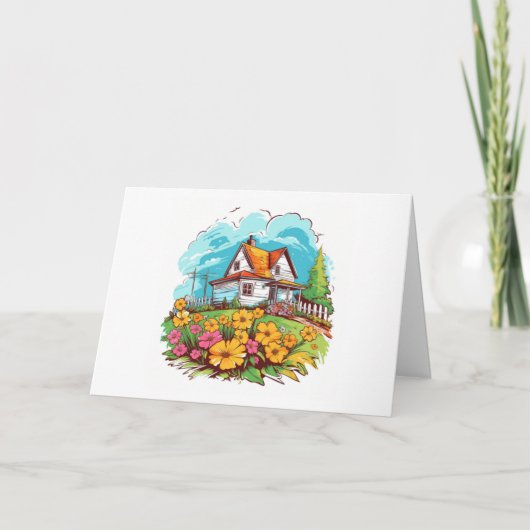 夏の花を添えた牧場風住宅のメモ用紙 カード (正面)