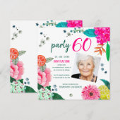 夏の花を添えた60歳の誕生日パーティーの写真 招待状 (正面/裏面)