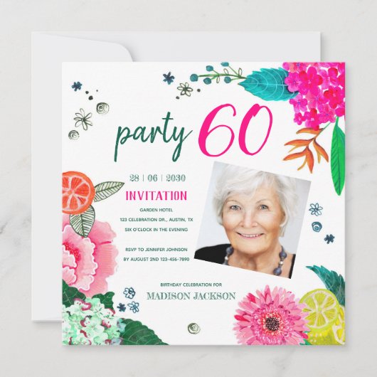 夏の花を添えた60歳の誕生日パーティーの写真 招待状 (正面)