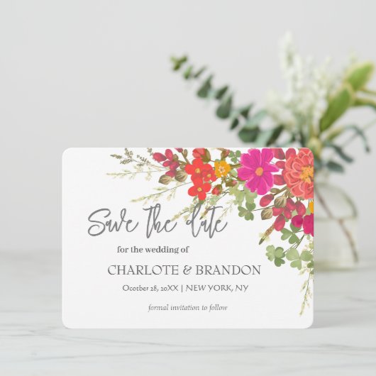 夏の花園の野生の花の結婚式 セーブザデート (スタンド正面)