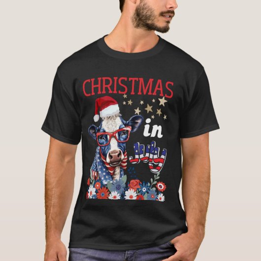 夏の花畑の7月のクリスマスサンタカウズ Tシャツ (正面)