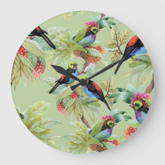 夏の花鳥:熱帯パターン ラージ壁時計 (正面)