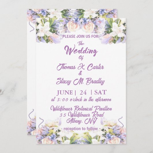 夏の薄紫ワイルドフラワーロマンチック結婚ズ セーブザデート (正面/裏面)