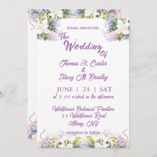 夏の薄紫ワイルドフラワーロマンチック結婚ズ 招待状 (正面/裏面)