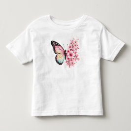 夏の蝶と花の水彩フラワーデザイン トドラーTシャツ