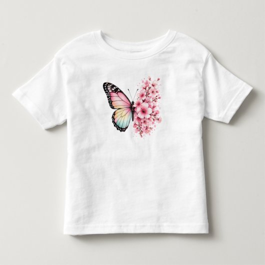 夏の蝶と花の水彩フラワーデザイン トドラーTシャツ (正面)