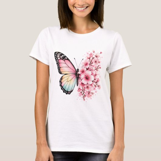 夏の蝶と花の水彩フラワーデザイン Tシャツ (正面)